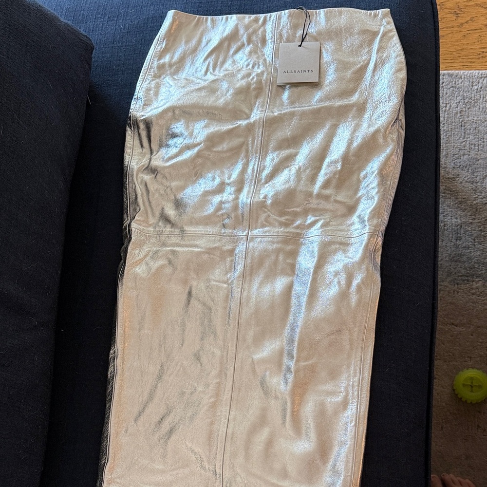 All Saints Metallic Silver Pencil Skirt